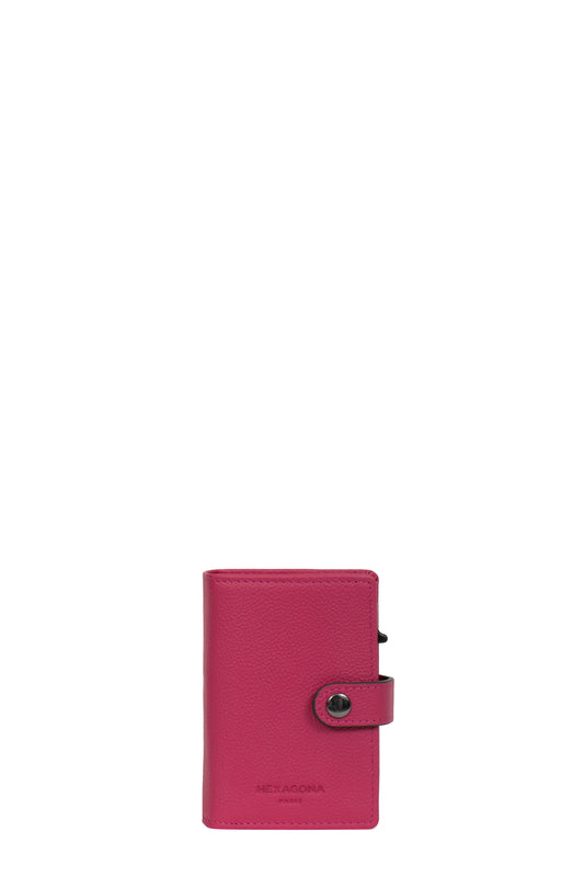 Boîtier porte-cartes - 1 volet - Stop RFID - Cuir - Fuchsia