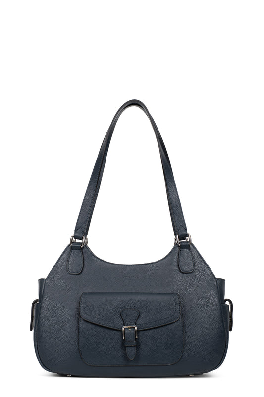 Sac porté épaule 2 anses - Cuir - Bleu-pétrole